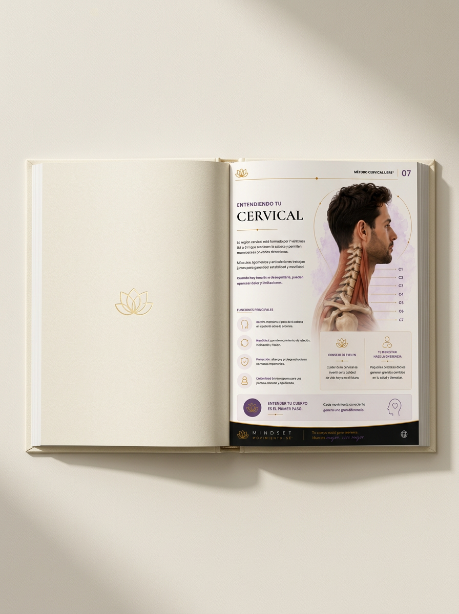 Libro abierto mostrando la página 'Entendiendo tu Cervical' con ilustración anatómica